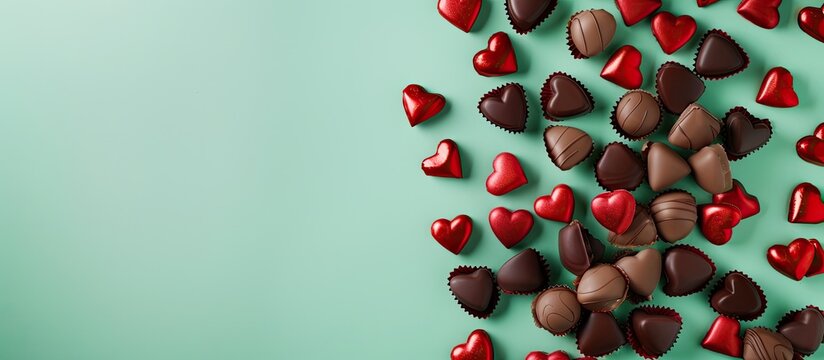 Red and chocolate brown valentines on a mint colored background serve as a decorative border with copy space for Valentine s Day