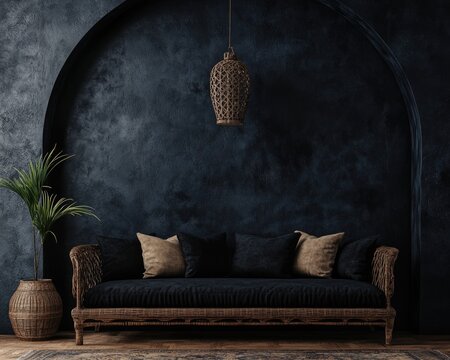 Luxurious Ethnic Living Room Interior with Wooden Furniture and African-Inspired Decor