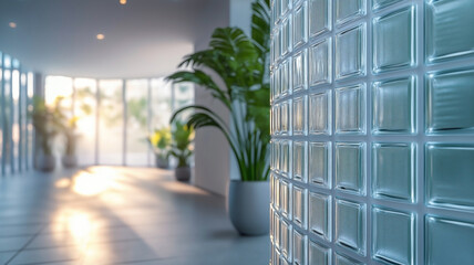 Circular glass blocks wall in a modern house interior design with stylish contemporary decoration