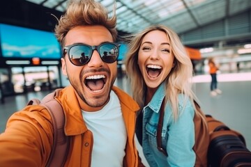 A cheerful couple poses for a selfie at the airport, both smiling widely and displaying excitement for their travel plans. They carry backpacks and seem ready for adventure