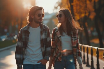 A young couple strolls down a picturesque street lined with autumn foliage, wearing sunglasses and plaid jackets as the sun sets, creating a vibrant, warm atmosphere