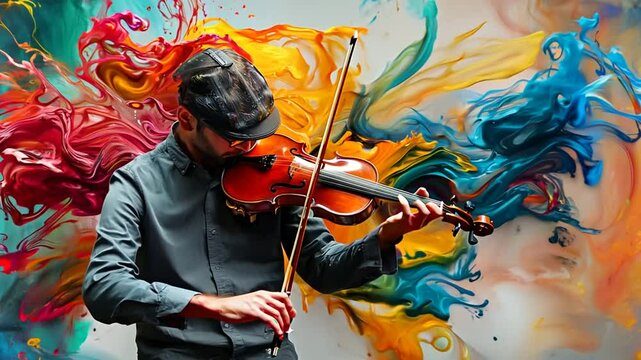 Violinist playing passionately with vibrant abstract colors swirling around in a synesthesia concept.