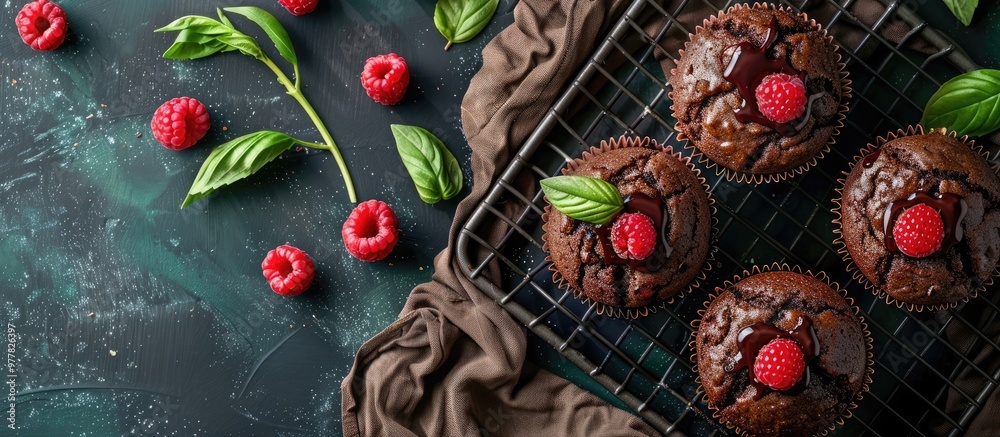 Wall mural Chocolate muffins topped with fresh raspberries and melted chocolate viewed from above Homemade cupcakes are placed on a black metal cooling rack accompanied by brown fabric and green leaves Dark gre