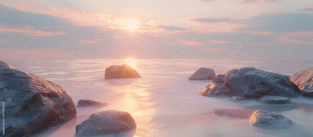 Poster long exposure of seaside rocks at sunset with space available for text or a logo. copy space image. 