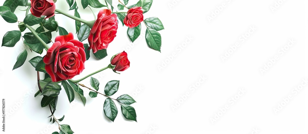 Poster Beautiful red roses on green leaves with a cluster against a white background nature copyspace