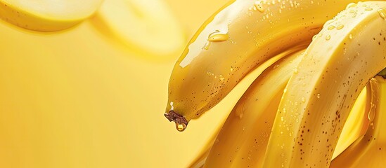 A close up image of ripe bananas set against a yellow background. Copy space image. Place for adding text and design