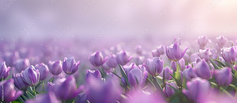 Sticker Tulips Tulipa Bakeri Lilac Wonder blooming in a spring meadow. Copy space image. Place for adding text and design