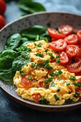 A delicious breakfast plate featuring scrambled eggs with chopped green onions, fresh spinach leaves, and sliced cherry tomatoes ideal for health food blogs, diet plans, and recipe websites,
