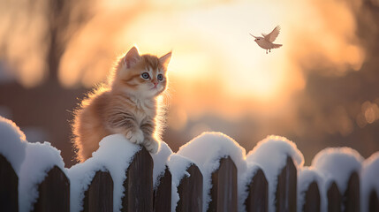 A fluffy kitten perched on a snow-covered fence carefully watching birds as they fly by with a soft winter sunset glowing in the background.