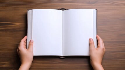 Obraz premium A flat lay of a book with blank pages held open by two hands, ready for your text or design. Perfect for showcasing your creativity and ideas. 