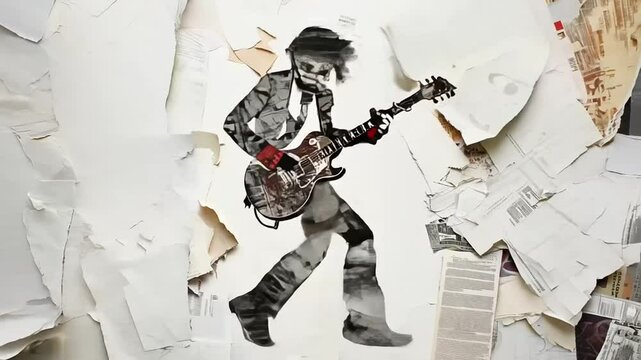 Dynamic paper collage of a guitarist playing an electric guitar