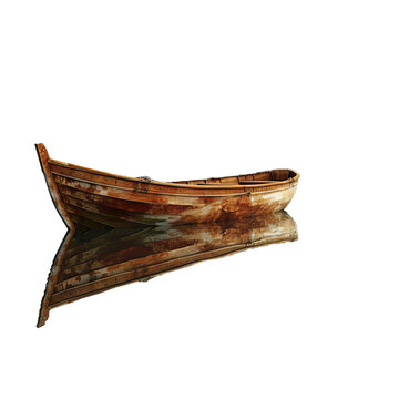 Old wooden rowing boat is floating on calm water, creating a perfect reflection