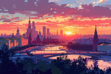 Naklejka premium Postcard with landscape of Moscow, Russia at sunset