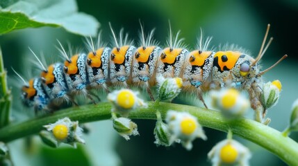 Obraz premium A vibrant caterpillar crawls on a green stem with yellow flowers.