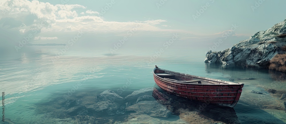 Poster a stranded boat close to a tranquil ocean. copy space image. place for adding text and design
