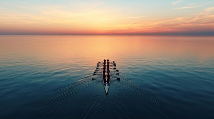 Silhouette of athletes rowing in sync on a calm lake at sunset, perfect coordination, teamwork, coordination, rowing