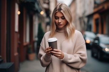 The young woman, dressed in a cozy sweater, holds a warm drink close to her while walking down a charming street filled with beautiful architecture, enjoying the moment