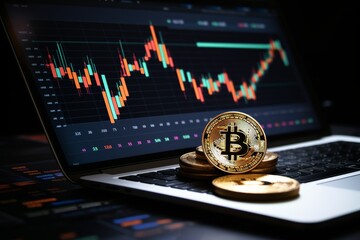 A close-up view features several Bitcoin coins positioned on a laptop keyboard, while a vibrant cryptocurrency trading chart glows on the screen during nighttime