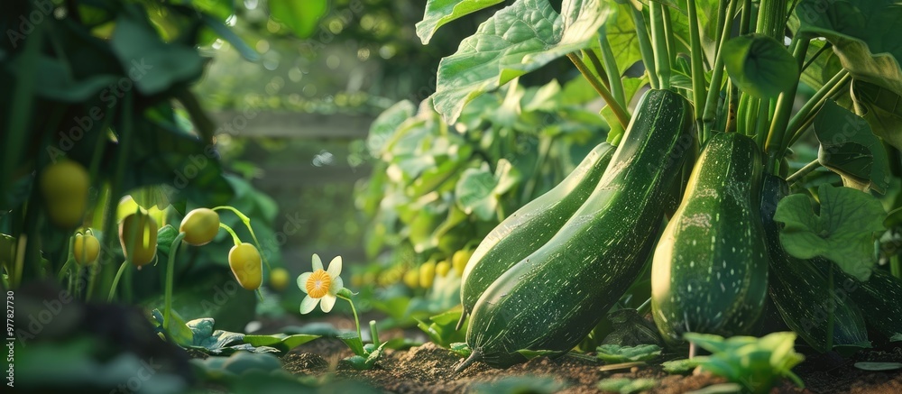 Canvas Prints A large courgette cucurbita pepo plant featuring green fruits and blooms thriving in the garden. Copy space image. Place for adding text and design