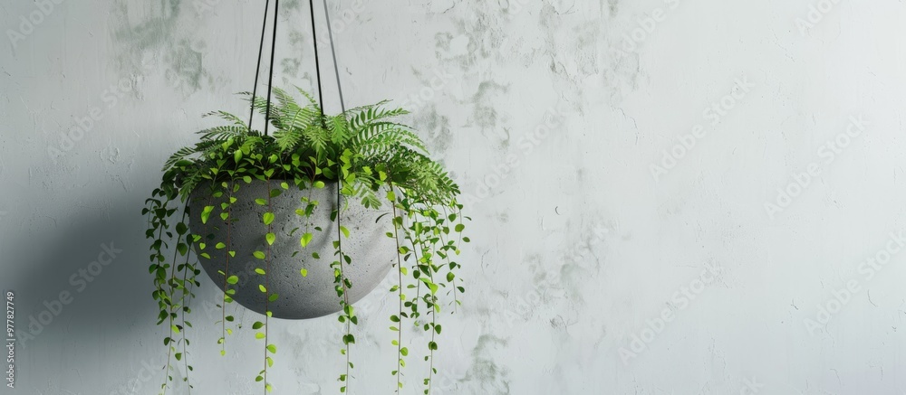 Poster Green office plant suspended in a gray bowl flower pot basket against a white wall background. Copy space image. Place for adding text and design