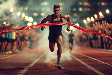 A determined male athlete sprints towards the finish line, breaking through a red ribbon amid cheers from a vibrant crowd in a nighttime race