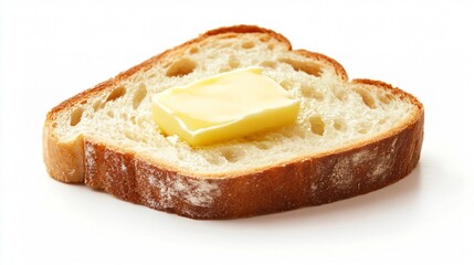Obraz premium A slice of milk bread with a pat of melting butter, isolated on a crisp white background for a clean, minimalistic presentation