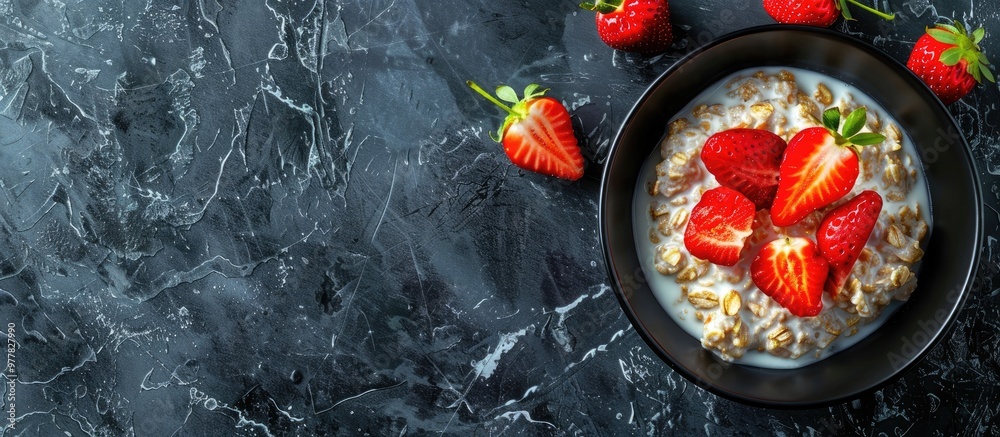 Sticker Healthy breakfast idea featuring oatmeal fresh strawberries and yogurt on a stone background with copyspace