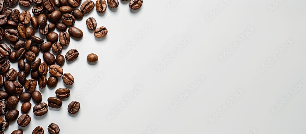 Poster Coffee beans on a white background The center is left blank for text Close up Copy space Empty area for text Top view