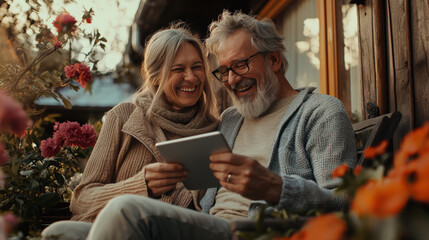 Happy Senior Couple Video Calling Family in Blooming Garden Setting