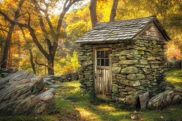 An image of an enchanted woodland cabin nestled among tall trees, a warm glow emanating from its windows, inviting cozy retreat and natural harmon