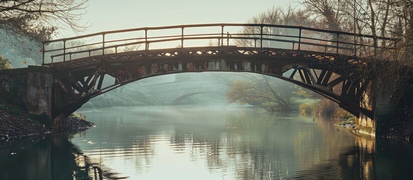 Side view of a vintage iron bridge spanning the river. Copy space image. Place for adding text and design - Powered by Adobe