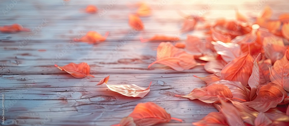 Canvas Prints Autumn leaves on a wooden surface with copy space