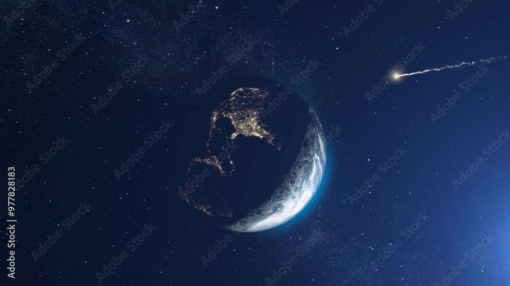 Poster meteor asteroid flying toward planet earth 3d rendering of planet earth with potential asteroid thre
