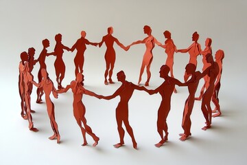 Red figures forming a circle around a central heart symbolizing teamwork collaboration and the strength of unity in a compassionate community