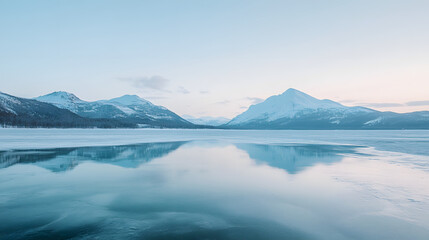 A frozen lake reflecting the pale blue sky with a mountain range in the background.