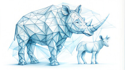 Fototapeta premium Abstract wireframe animal background, geometric rhino and calf, wildlife conservation art