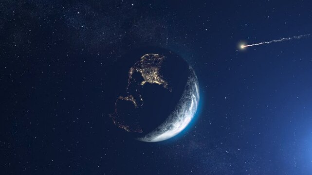 Meteor Asteroid flying toward planet earth
3d rendering of planet earth with potential asteroid threat,4k,2024 
