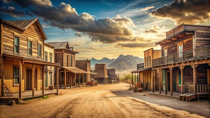 Vintage cowboy town with wooden buildings, dusty streets, and saloons