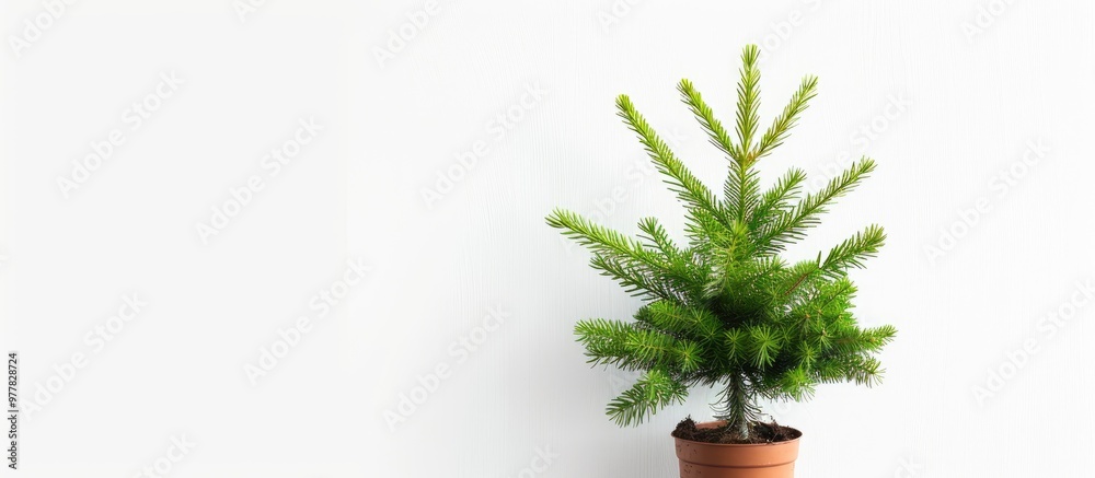 Canvas Prints Spruce seedling in a pot against a white background Close up Copy space