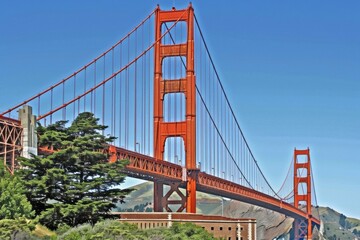 Fototapeta premium The Golden Gate Bridge spans the bay, connecting urban life with natural beauty, a symbol of San Francisco's innovation and iconic allur