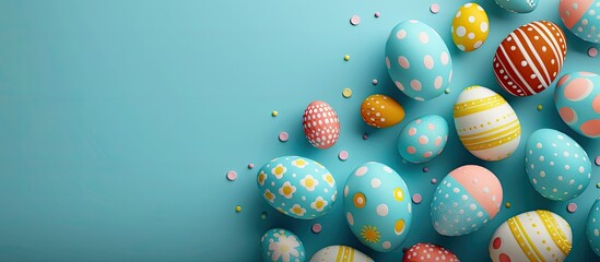 Easter eggs nestled in a blue background Top view with copy space Happy Easter card