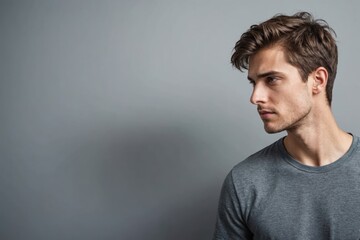Obraz premium Portrait Young man looking away while standing against wall
