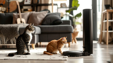 A cat and a cat sitting on the floor next to a robot vacuum cleaner