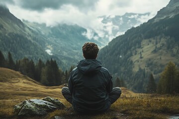 Fototapeta premium Man meditating in nature with mountains and clouds in the background. Concept of peace, serenity, and mindfulness.