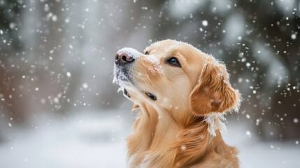 A golden retriever with snow on its nose sitting in a snow-covered forest looking up at falling snowflakes with a curious expression.