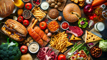 Fototapeta premium A variety of food including bread, meat, vegetables, fruits, and other foods