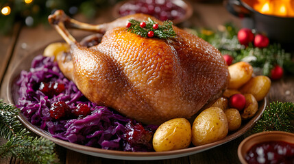 A golden roasted goose served on a Christmas table with sides of red cabbage roasted potatoes and cranberry sauce.