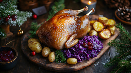 A golden roasted goose served on a Christmas table with sides of red cabbage roasted potatoes and cranberry sauce.