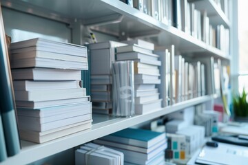 A well-arranged collection of books in different sizes lines the shelves of a bright workspace, reflecting a blend of organization and style