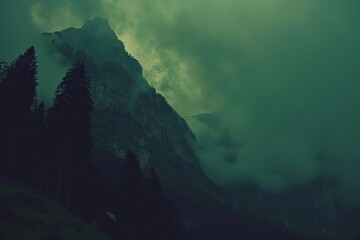 An image of a serene mountain range stretching across the horizon, with misty valleys and a sense of contemplative beaut